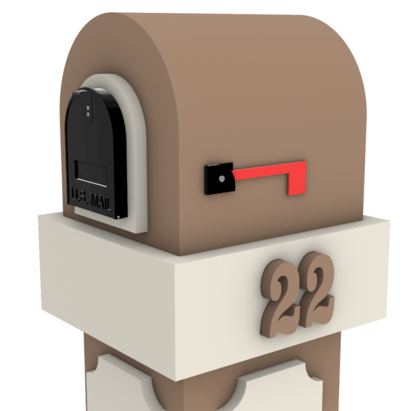 a mailbox with a red and white number