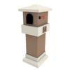 a brown and white post with a black mailbox