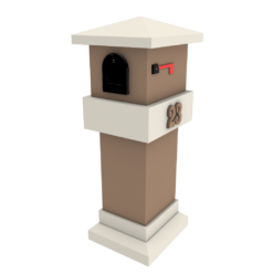 a brown and white post with a black mailbox