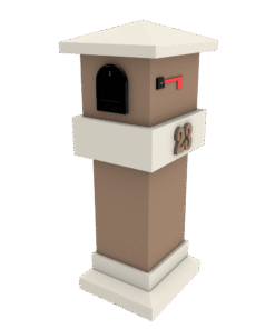 a brown and white post with a black mailbox