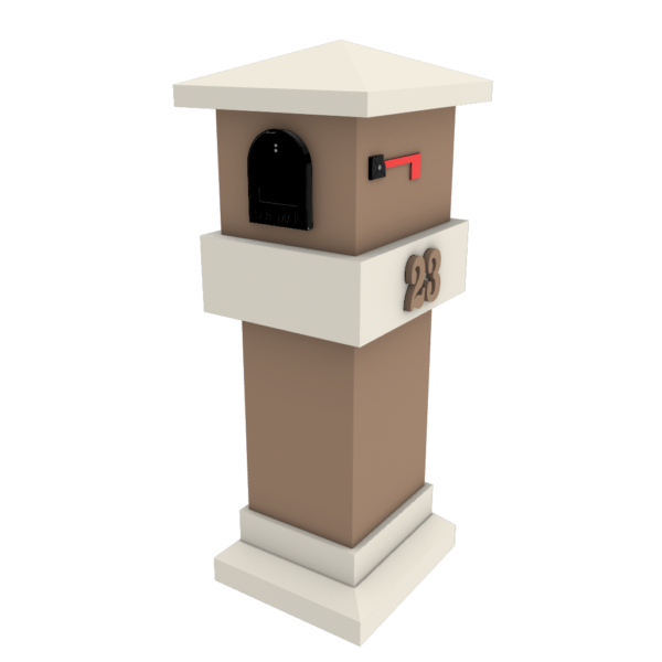 a brown and white post with a black mailbox