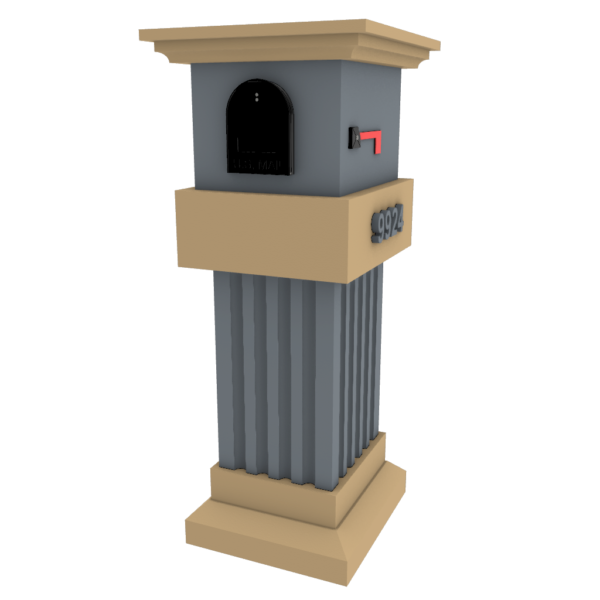 a grey and tan pillar with a mailbox