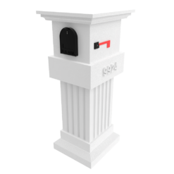 a white post with a black mailbox