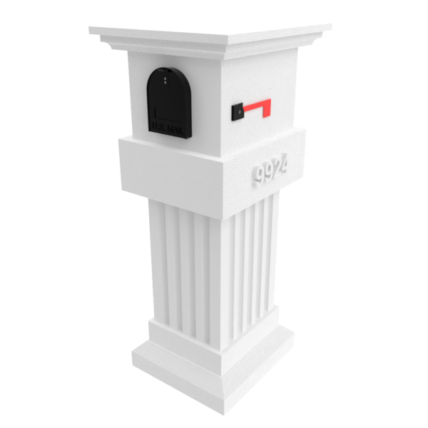 a white post with a black mailbox