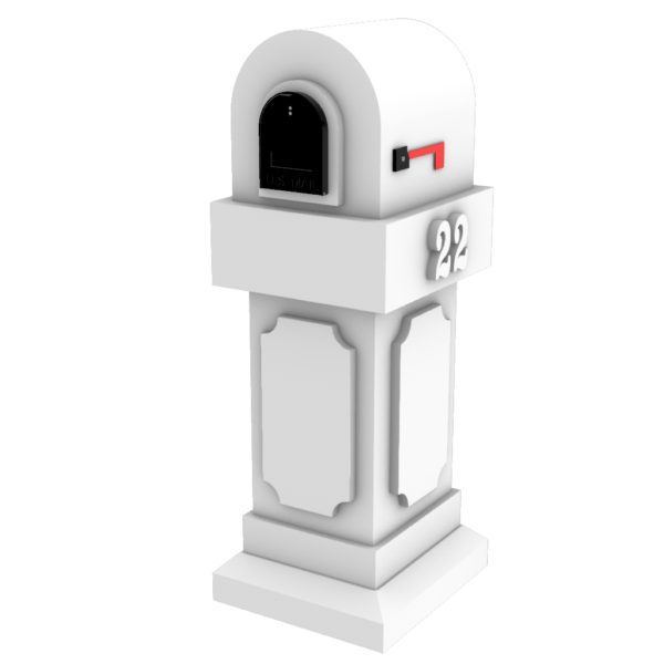a white mailbox with a red and black number