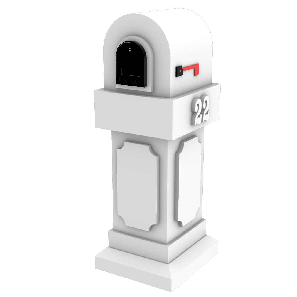 a white mailbox with a red and black number