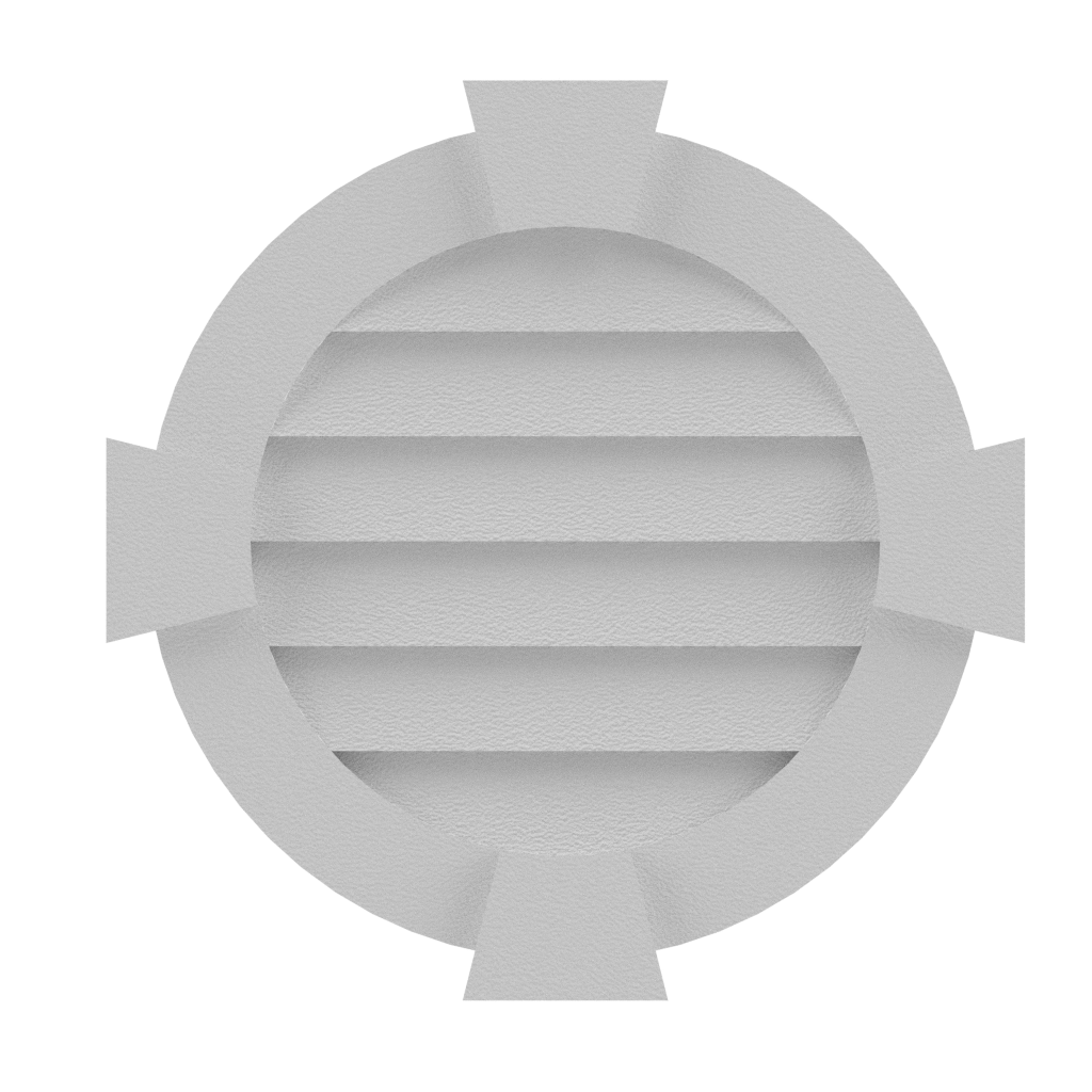 Round louver made of styrofoam and coated with stucco.